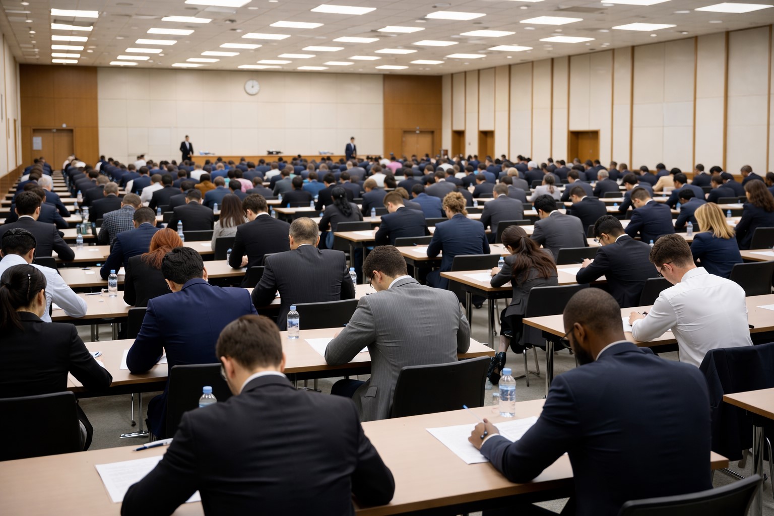 Grupa analityków siedzi na sali i zdaje egzamin certyfikujący